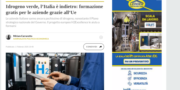 Idrogeno verde, l’Italia è indietro: formazione gratis per le aziende grazie all’Unione Europea